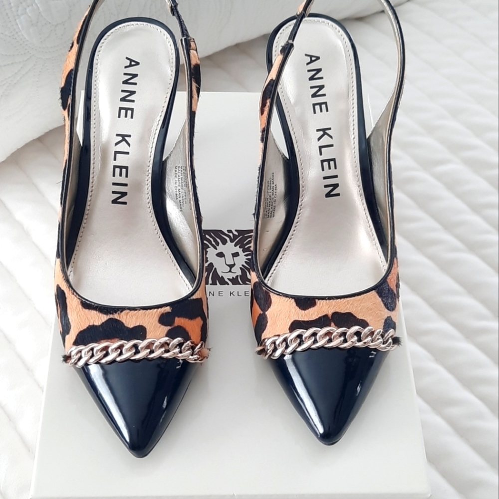 Anne Klein heels,  size 6.5, leopard print, gold chain embellishment,  black toe